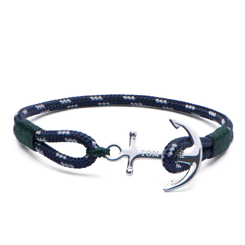 Tom Hope Bracelet en acier inoxydable plaqué argent ancrage breloche bracelet vert filetage corde bracelet à la main avec tag et boîte TH11