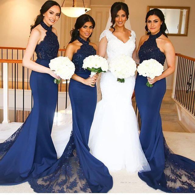 

Cheap Bridesmaid Dresses Mermaid High Neck Halter Navy Blue Lace Appliques Beaded Bridesmaid Gowns Plus Size Formal Wedding Guest Dresses