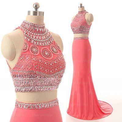 

100% Real Image Two Pieces Mermaid Prom Dresses High Neck Beading Art Deco-inspired Neck Party Formal Runaway Evening Gowns Fashion, Daffodil