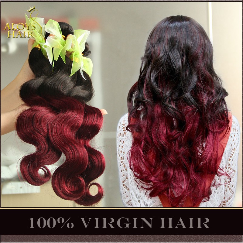 

Ombre Brazilian Body Wave Human Hair Weave Bundles Ombre Virgin Human Hair Extensions Wefts Two Toned 1B/99J Burgundy Wine Red Tangle Free, 2 tone 1b/99j