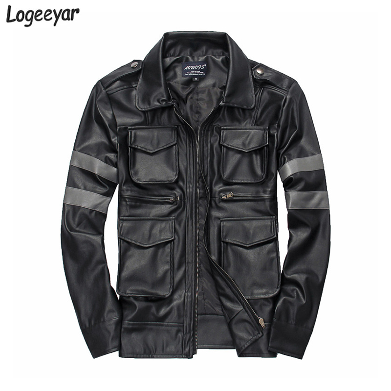 Wholesale- Resident Evil Hot-Selling Three-Dimensional Pockets Mens Leather Jacket Slim Fit Leather Coat Men Size M-3XL