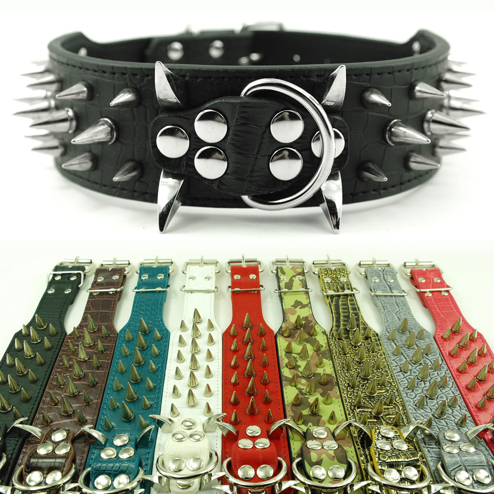 

(10 Colors 4 Sizes) 2inch Wide Spiked & Studded Leather Dog Collars for Pitbull Mastiiff More Breeds