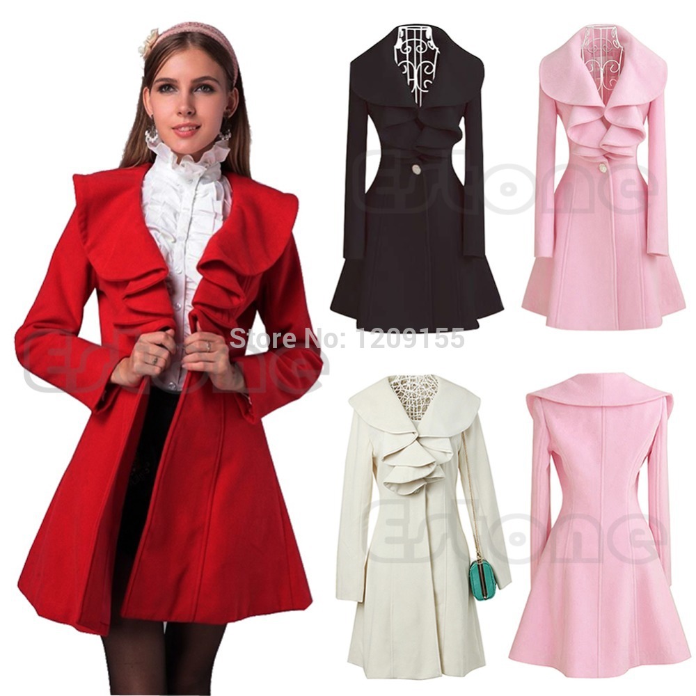 

Wholesale-Women's Ruffle Falbala Warm Wool Blend Long Coat Jacket Outwear Overcoat Parkas, Pink