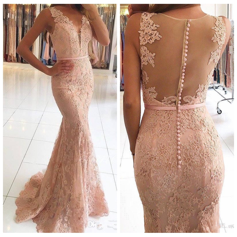 

Hot Seller Lace Evening Dresses V Neck Appliques Beaded Prom Dress Sexy Illusion Back Formal Gown Vestidos De Fiesta, White