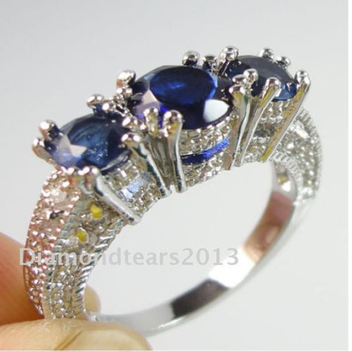

Retro Size 6-9 Jewelry 3stones 10kt white gold filled blue sapphire wedding Ring Gift