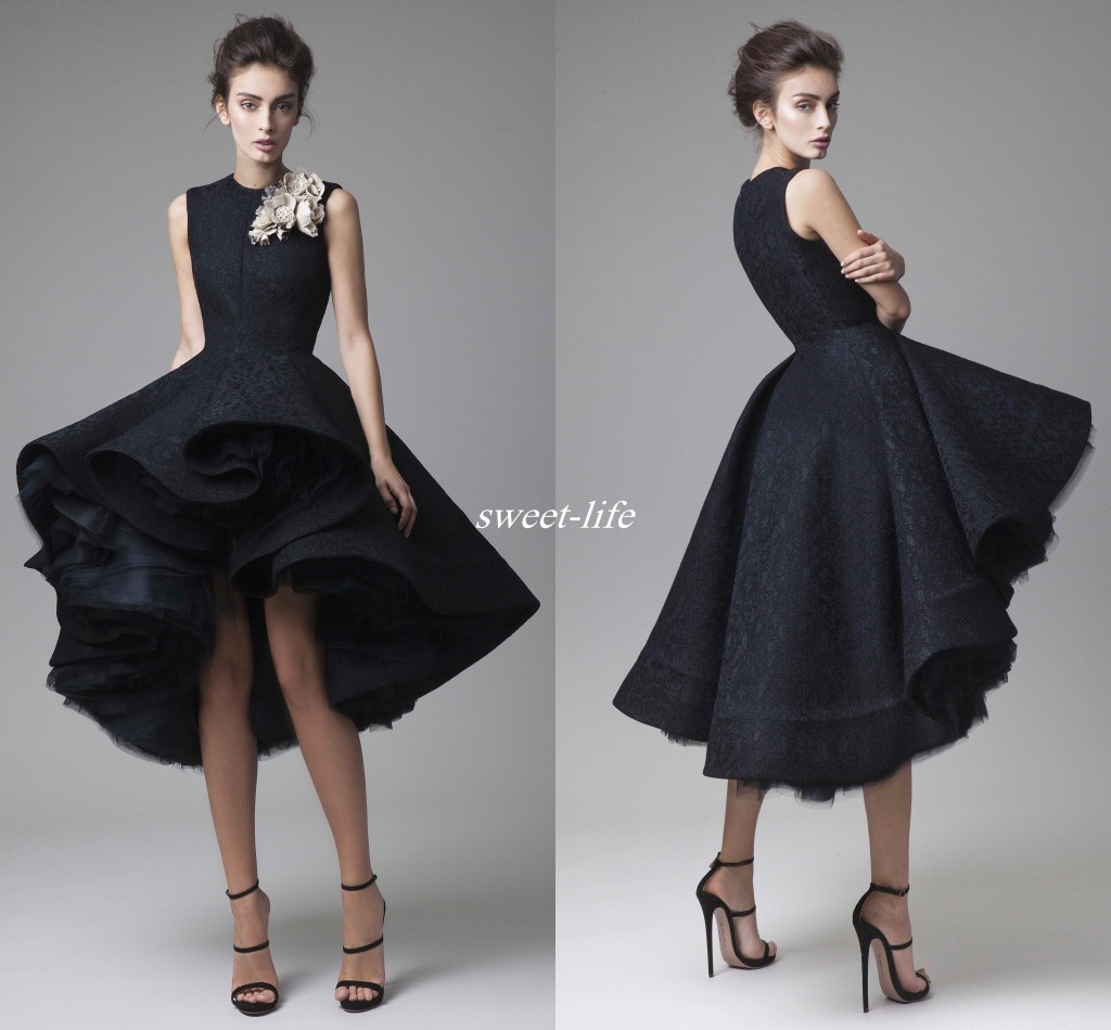 

Black Prom Dresses Vintage Lace High Low Ruffles Knee Length Handmade Flowers 2020 Krikor Jabotian Formal Evening Dress Party Gown, Brown