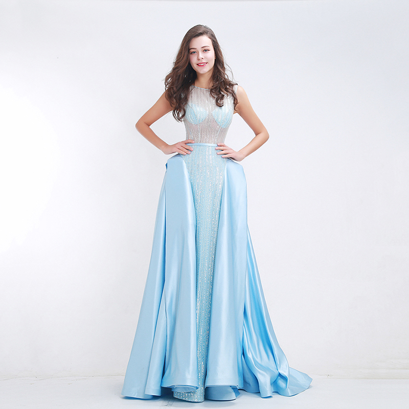 

Light Blue Unique Prom Dresses Sexy Scoop Neck See Through Top Beaded Prom Gowns Long Elegant Evening Party Dresses, Same as picture