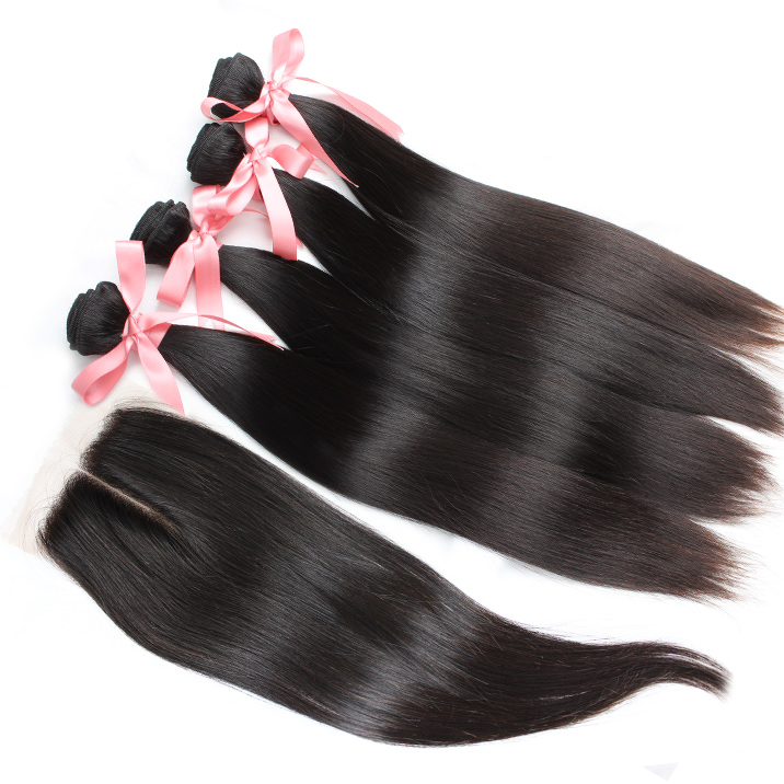 

greatremy human hair bundles with lace closure straight 100 human hairweft weave virgin hairclosure 4x4 middle part, Black