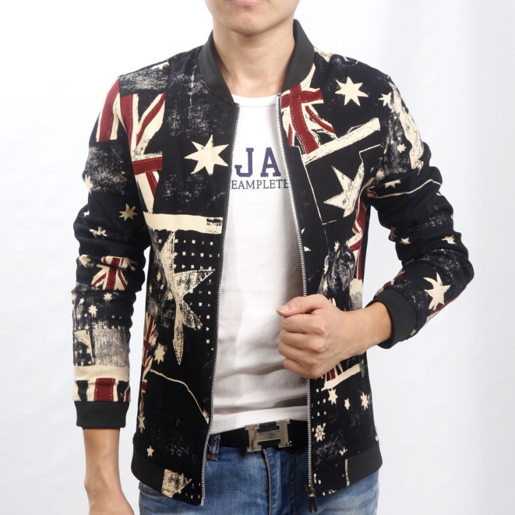 FG1509 New Arrival 2014 Autumn Winter Jeans Jacket Men Slim Long Sleeve Flag Pattern Zipper Cotton Casual Black Jean Denim Jackets Man