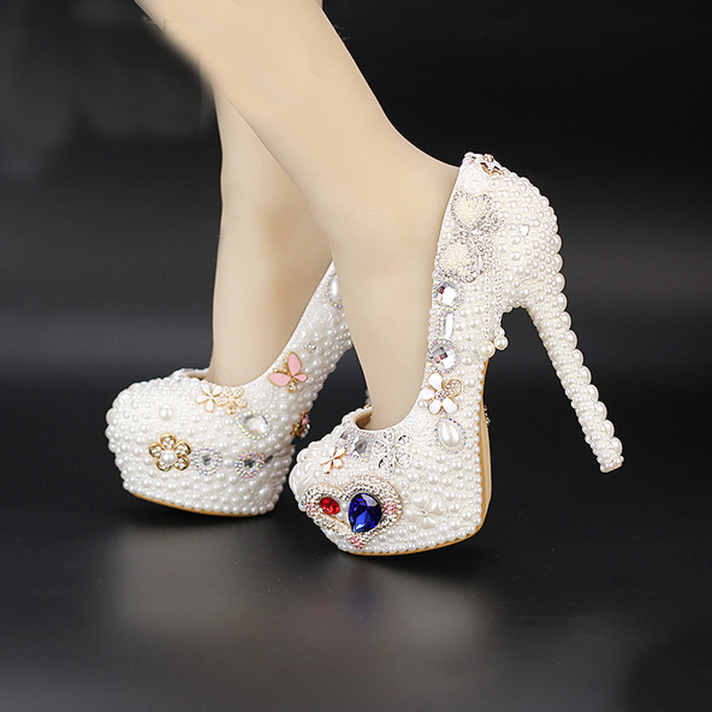 

White Pearl Waterproof Wedding Shoes Newest Diamond Bride Shoes Women High Heels Nightclub Platform Dress Shoes Tassel