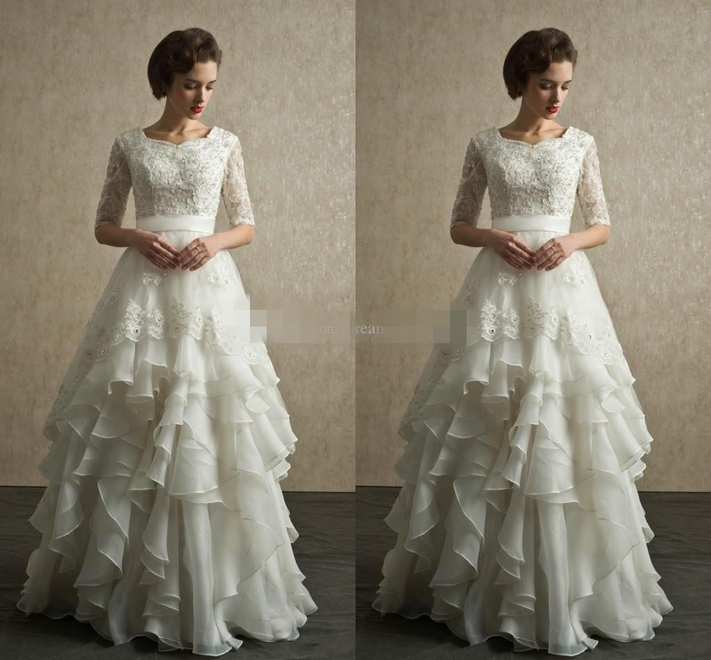 

Half Sleeves Wedding Dresses Modest Wedding Gowns with Lace Applique Organza Floor Length Beach Bridal Dress China, Ivory
