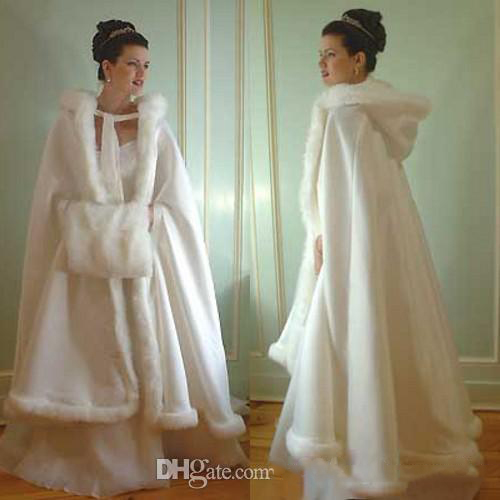

Cheap Bridal Popular Cloak Jacket Long Cape Tippet Stole Shawl Coat Bolero Satin Fabric Custom Made With Faux Fur Chapel Train White, Ecru white