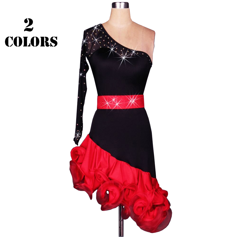 

Latin Dance Dress Women Girls Latin Salsa Dance Competition Dresses Samba Costumes D0194 2 Choices Rhinestones Mesh Sleeve Irregular Hem, Pink no belt
