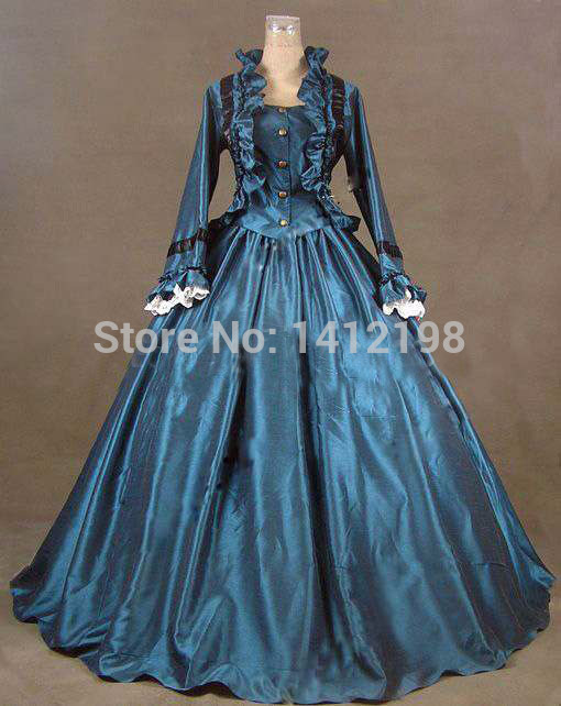 

Wholesale-2015 vintage Blue Victorian Dress and Halloween High Quality Handmade Party Dresses Long Sleeve Ball Gown Free Shipping