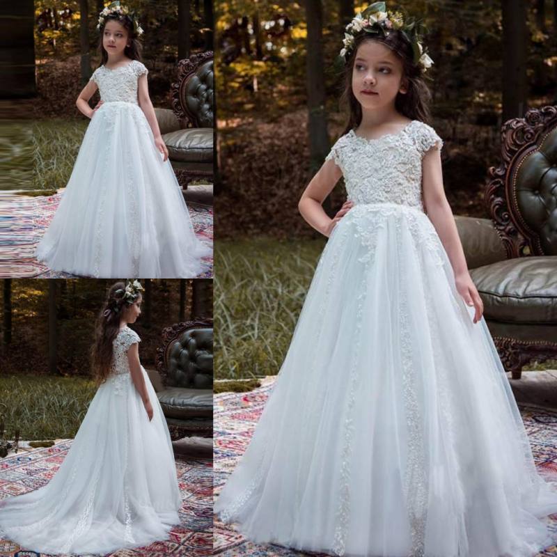 

Hot Sale Lace Flower Girl Dresses For Weddings Little Girls Pageant Dress Appliques A Line Tulle Sweep Train Communion Gowns, Blue