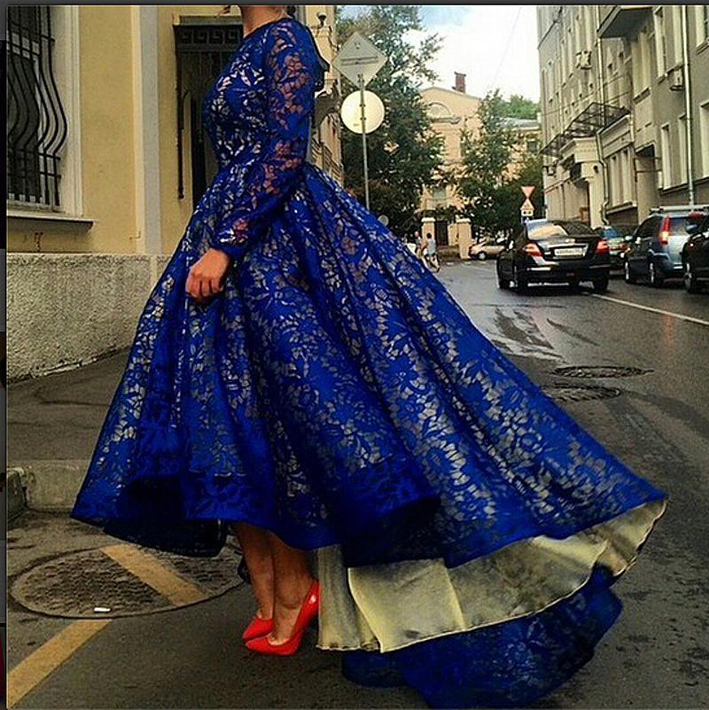 

Royal Blue High Low Lace Prom Dresses With Long Sleeves Saudi Arabian Dubai Muslim Formal Evening Gowns Custom Made 2019 Spring Summer
