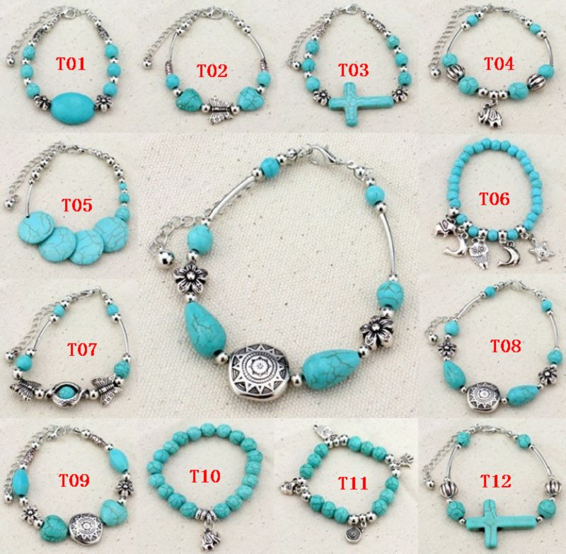 

12 styles 2015 Classic charms Bracelets Ethnic Turquoise with Tibetan Silver