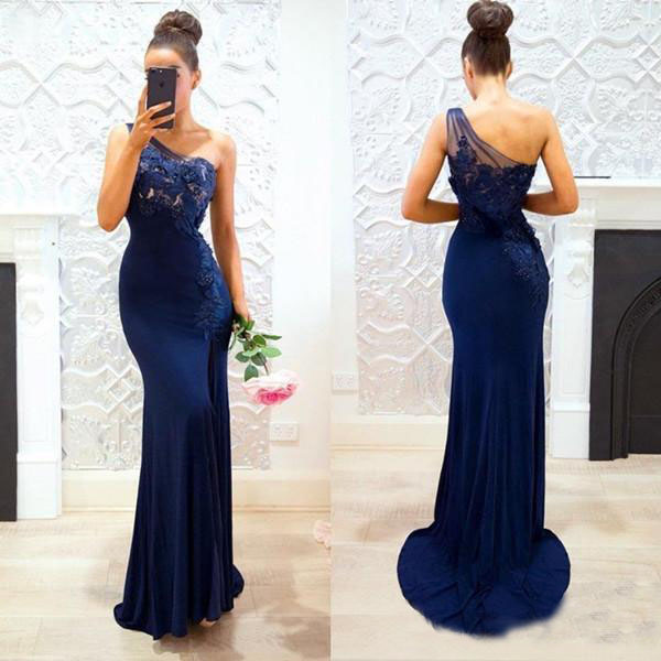 2019 Navy Blue Mermaid Long Bridesmaid Dresses Satin&Lace Split One-shoulder Country Maid Of Honor Party Gown Evening Formal Dress