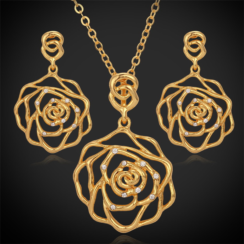 

Rose Flower Pendants Necklaces Drop Earrings Choker Necklace 18K Real Gold/Platinum Plated Jewelry Sets Rhinestone, Golden