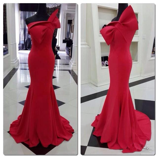 New Elegant Red Evening Dresses 2019 One Shoulder Bow Satin Floor Length Mermaid Party Gowns Lace up Back Custom Made E235