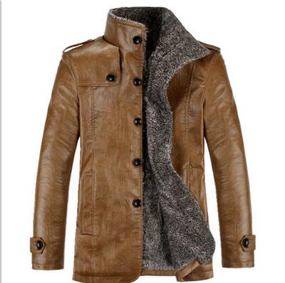 

Hot Men's Warm Winter Leather Coat Fur Parka Fleece Jacket Slim Coat, Khaki