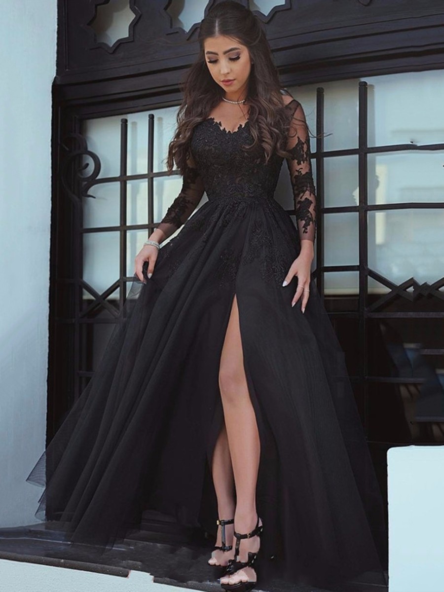 

Sexy Black Chiffon Slits Cheap Prom Dress V neck With Illusion Long Sleeves Lace Applique Empire Waist Floor length Evening Formal Gowns, Daffodil
