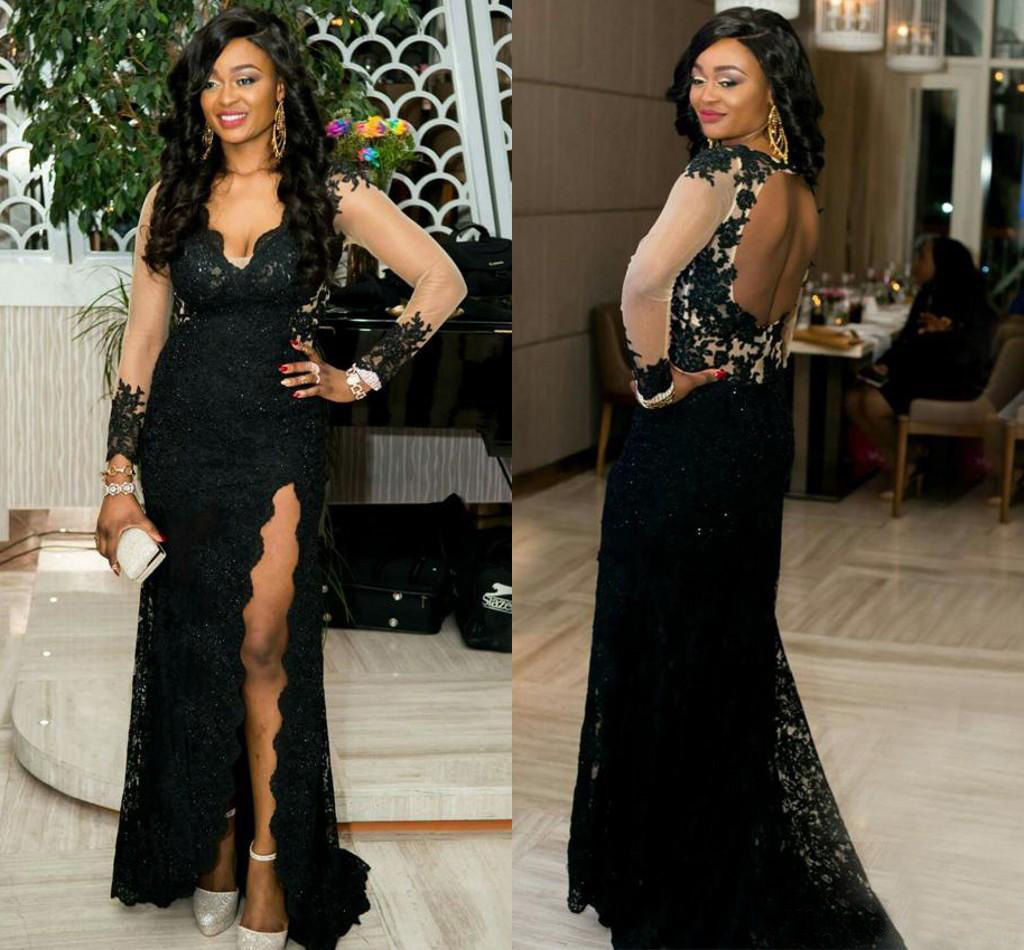 

Gorgeous Black Lace Evening Dresses Long Sleeve Plugging V Neck Prom Evening Gowns Slit Nigerian Lace Styles African Red Carpet Dress, Nude