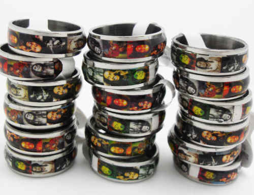 

100pcs Bob Marley MEN Stainless Steel Band Rings Jamaica Rasta Punk Cool Rings Wholesale Fashion Jewerly Lots, Silver
