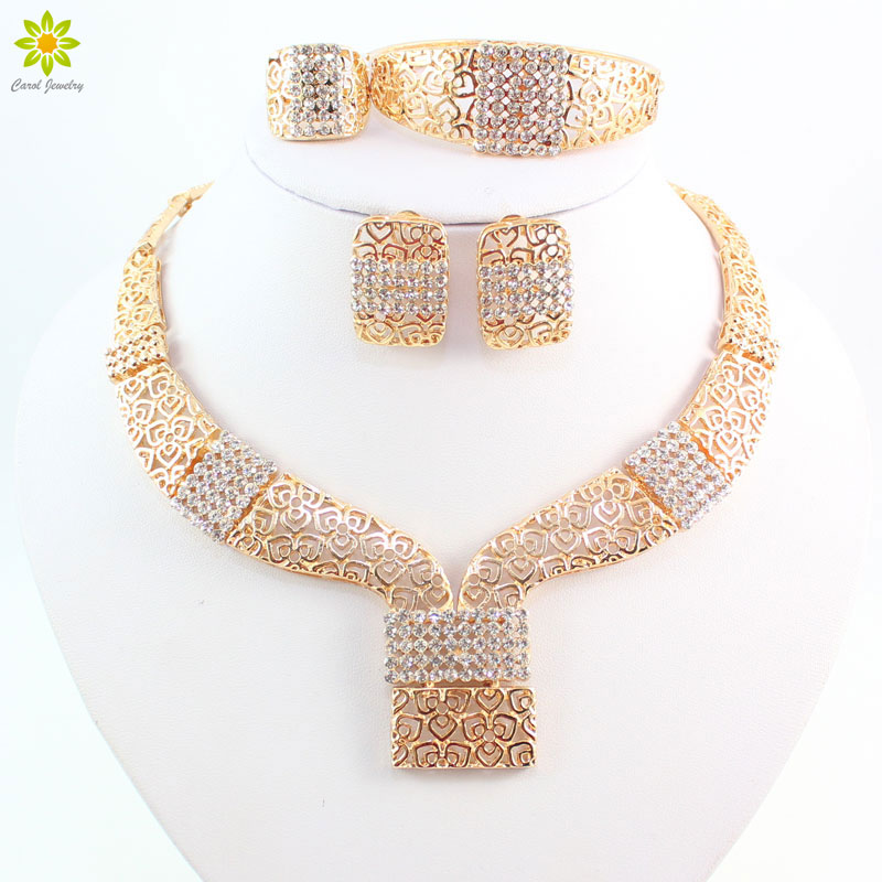 

Jewelry Sets gold plated African Beads Collar Statement Necklace Earrings Bracelet Fine For Women Crystal Party Accessories
