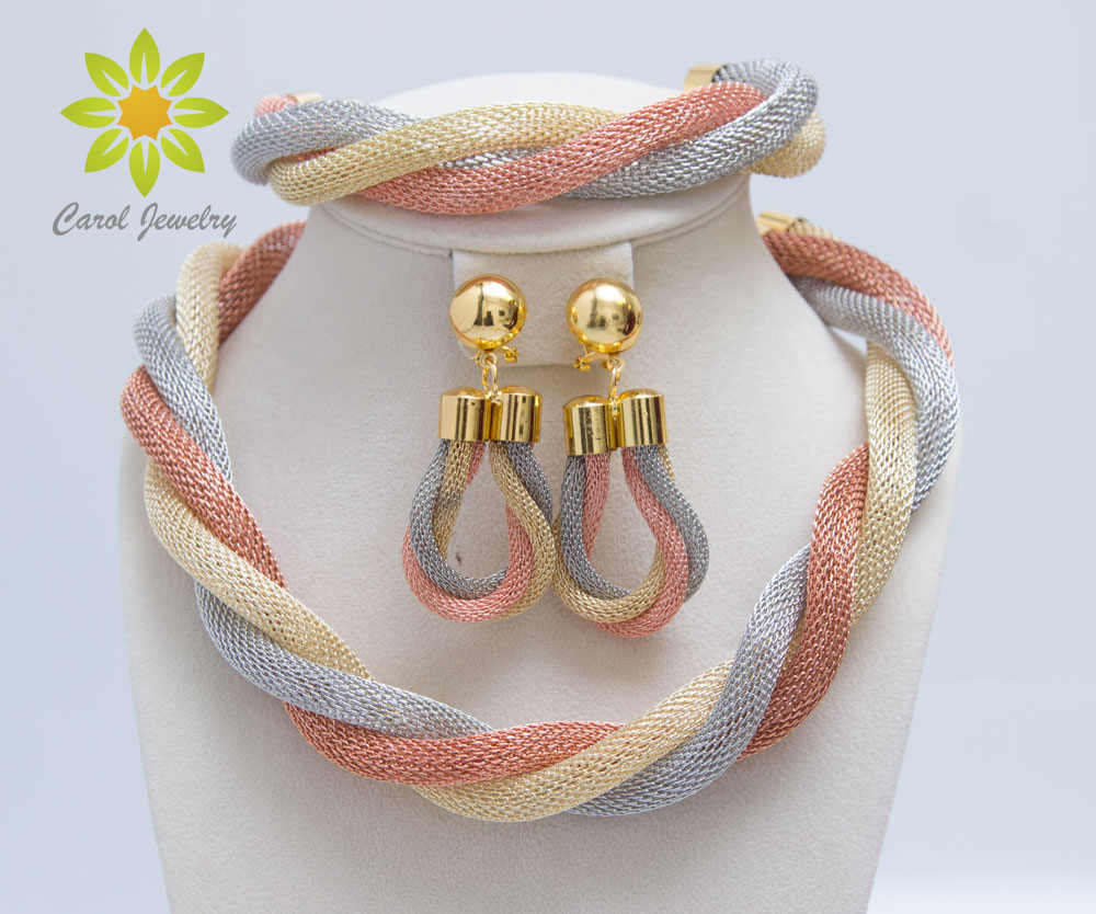 

Free Shipping Women Wedding Mix Three Colors Necklace Earrings Bracelet Gold Accessories Jewelry Sets, Mixed colors