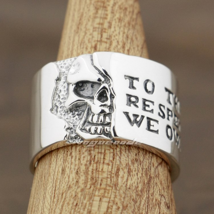 

925 Sterling Silver Motto On Wide Skull Mens Rocker Punk Ring 8Y006 US 7.5~10 Free Shipping