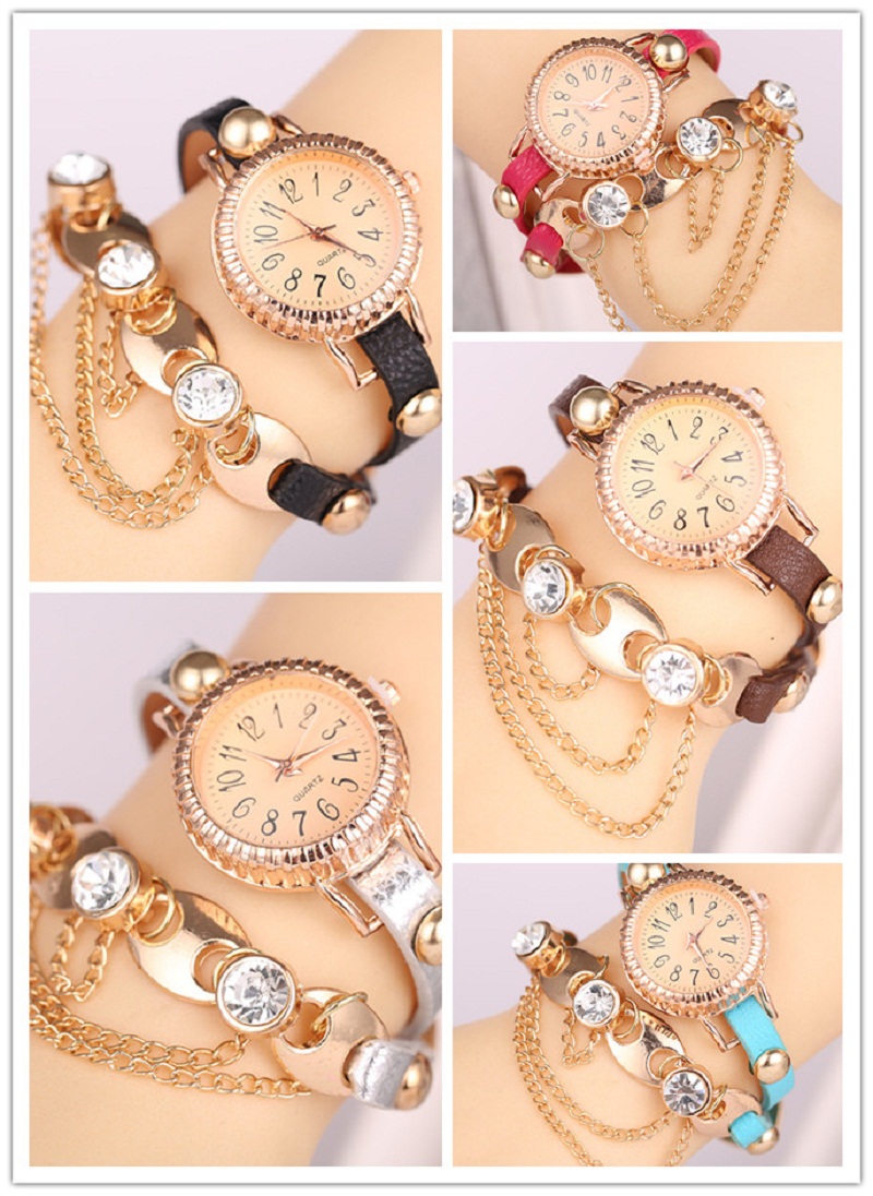 

New Elegant Bohemia Rhinestone Chain Watches Faux Leather Strap Wristwatches Women's Bracelet Watch Dress Ornament watches 7 Colors