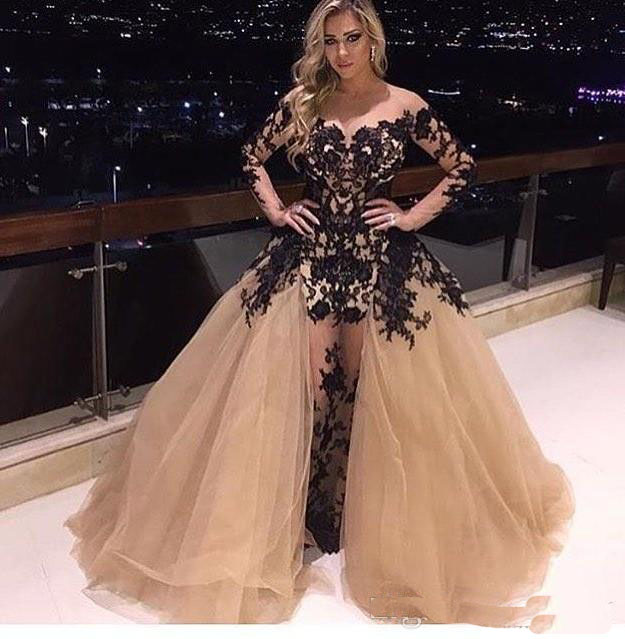 

2019 Gorgeous Black Lace Applique Off Shoulder Prom Dress Detachable Train Long Sleeve Party Dress Sexy Fashion Mermaid Evening Gowns, Orange