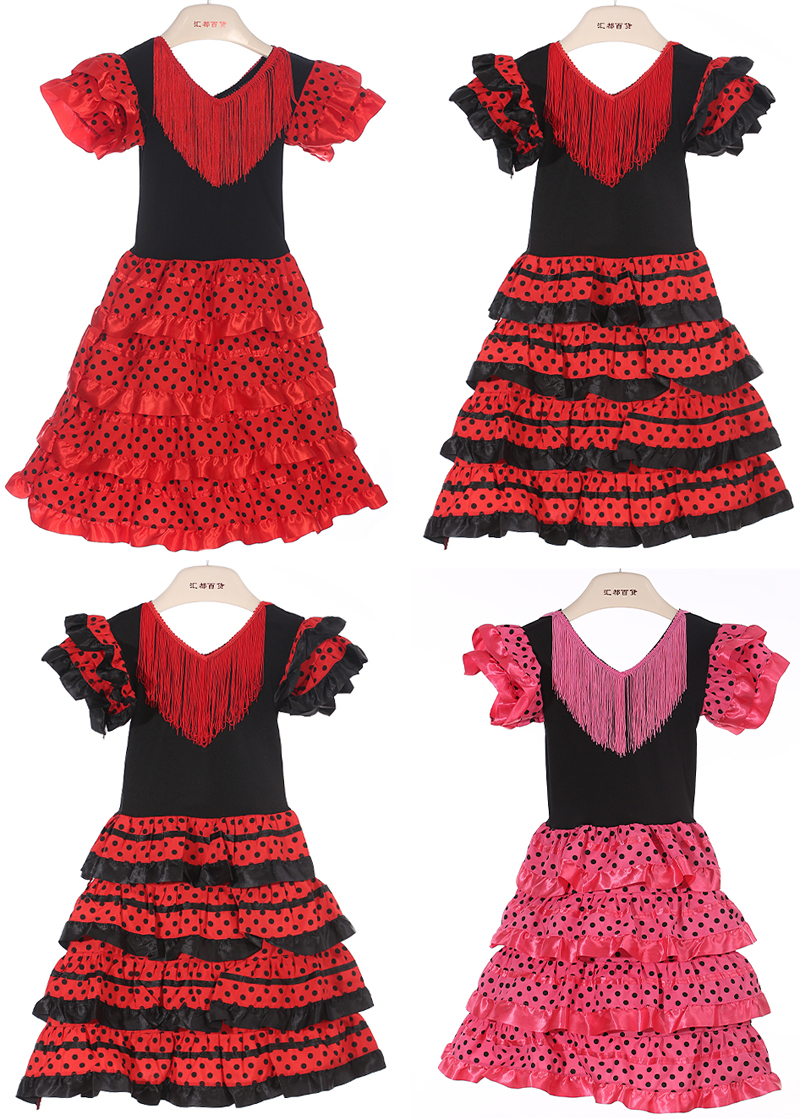 

Girls Dress Beautiful Spanish Flamenco Dancer Costume Childrens Dance Dress Outfit, Red black dots