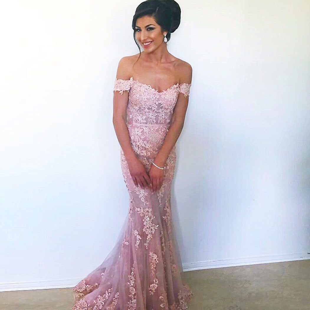 

Off Shoulder Formal Evening Dresses Beaded Lace Applique Tulle Mermaid Prom Dress Sexy Charming See Through Evening Wear Party Dress, Hunter