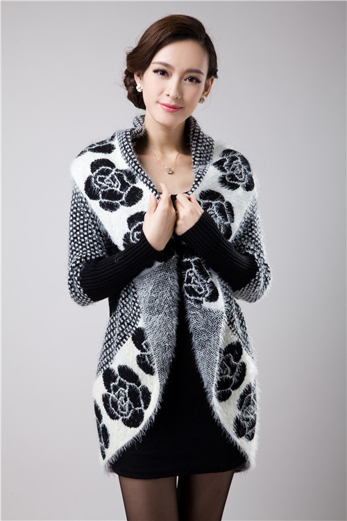 

Wholesale- 2017 autumn Women Korean fashion flowers mohair knit shawl cardigan sweater jacket medium long sweaters 6, Black