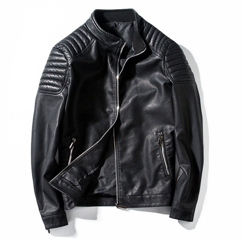 

Wholesale- Motorcycle jacket mens leather jacket Male casual Stand Collar fashion Bomber Jacket jaqueta de couro masculino Outwear Coat, Blue