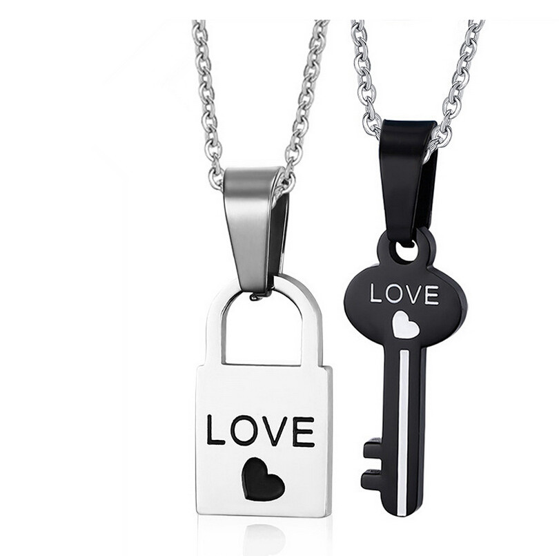 

I Love You Stainless Steel Couples Heart Lock and Key Necklace Set, Silver