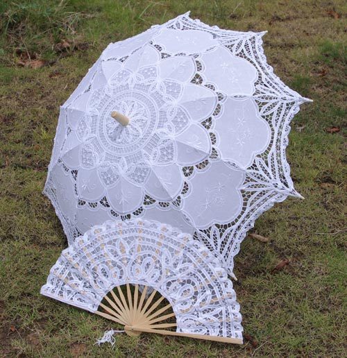 

Hot Selling Wedding Lace Bridal Parasols and Fans Sets European Court Umbrella New Photography props Beautiful Bridal Accessories