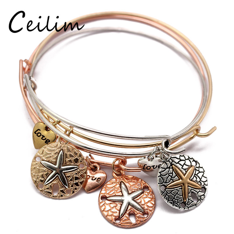 

Minimalist European Popular Rose Gold Alloy Heart Pendant Starfish Charms Expandable Bangle Bracelet Fit Daily Holiday Gift Wholesale