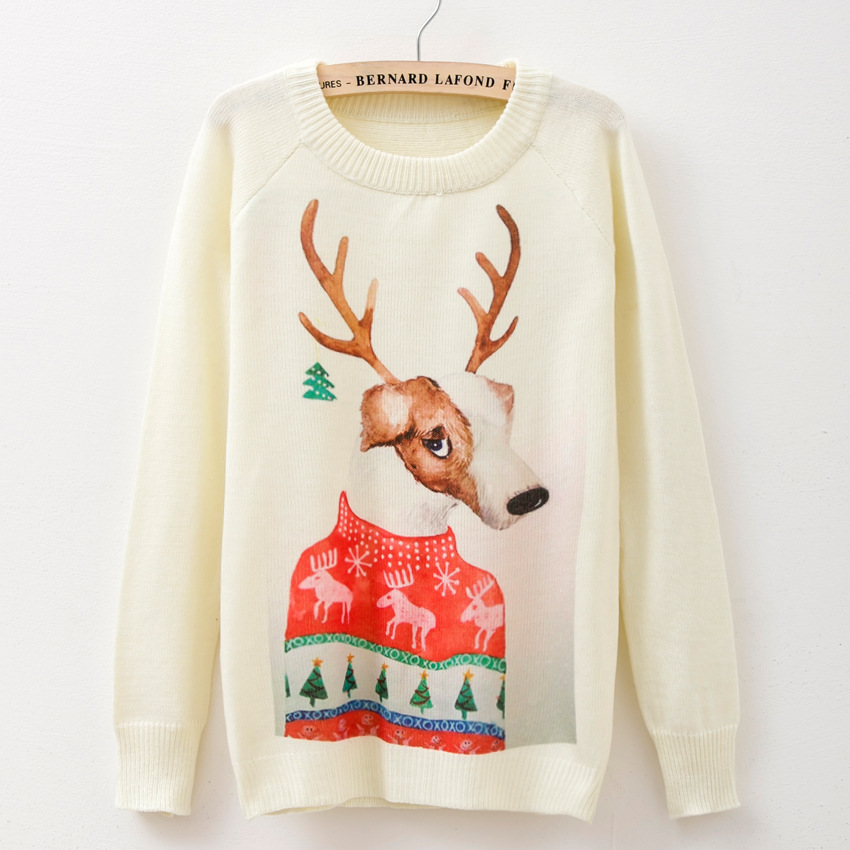 

New 2015 autumn and winter round neck pullovers sweater for women Cartoon Christmas reindeer, Multi