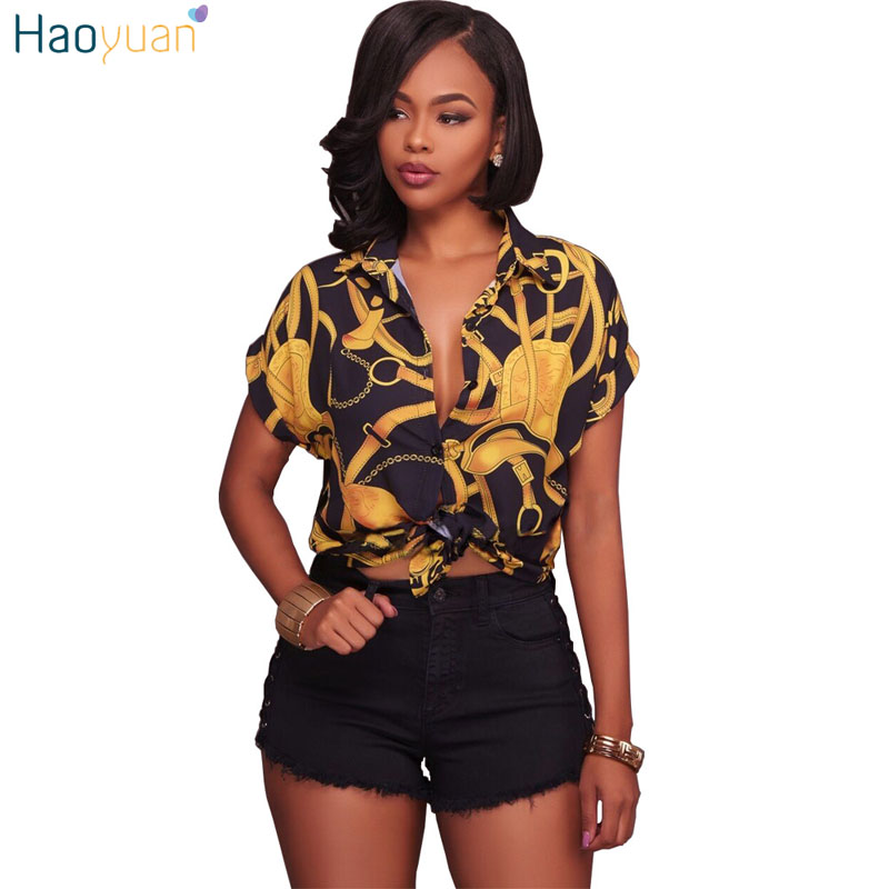 

HAOYUAN Women Blouse Sexy Blusas Chain Printed Tops 2017 Fashion Chemisier Femme Short Sleeve Shirts Casual Black White Blouses q1110