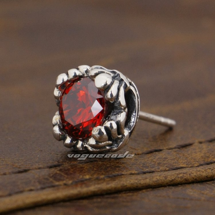 

925 Sterling Silver Rose Around Ruby CZ Mens Biker Rocker Stud Earring 8R012