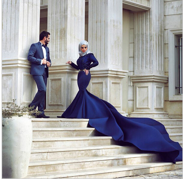 

Dark Navy Long Sleeves Long Train Muslim Evening Dresses With Hijab High Neck Kanfan Dubai Arabic Dresses 2019 Evening Gowns, Orange