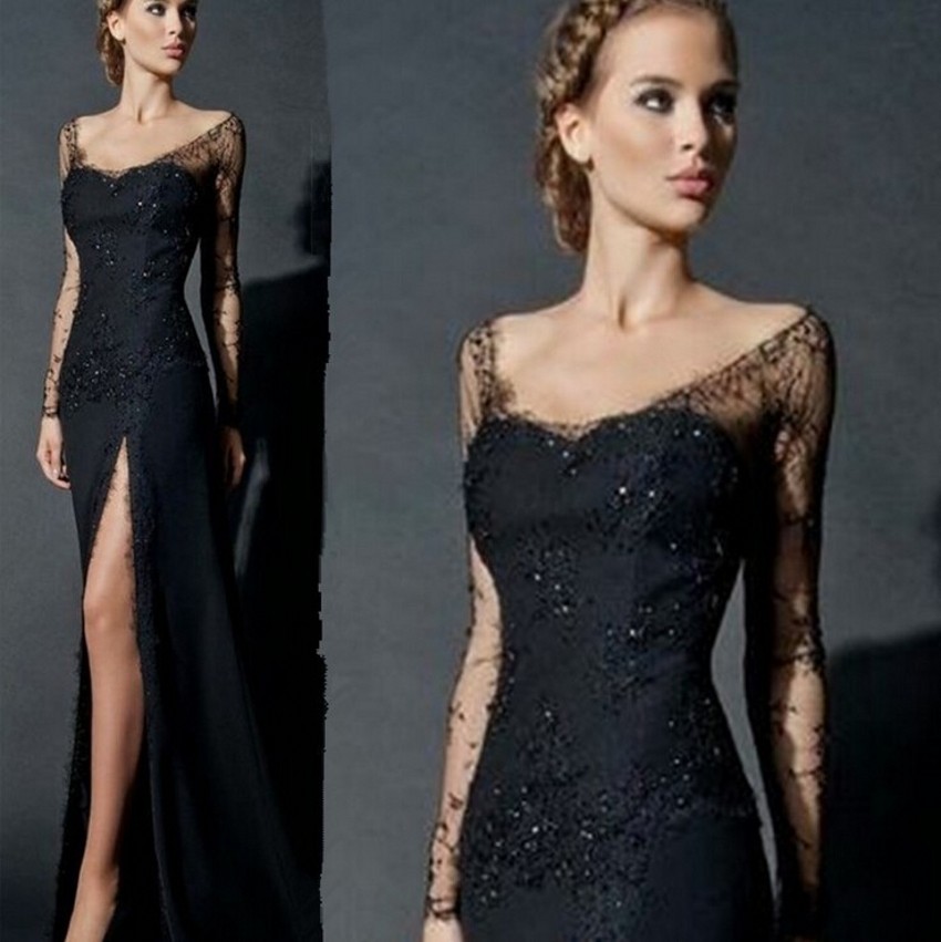 

Sexy Side Slit Long Sleeves Lace Evening Dress Black Women Chiffon Formal Lace Evening Gowns China robe de soiree abendkleider, Chocolate