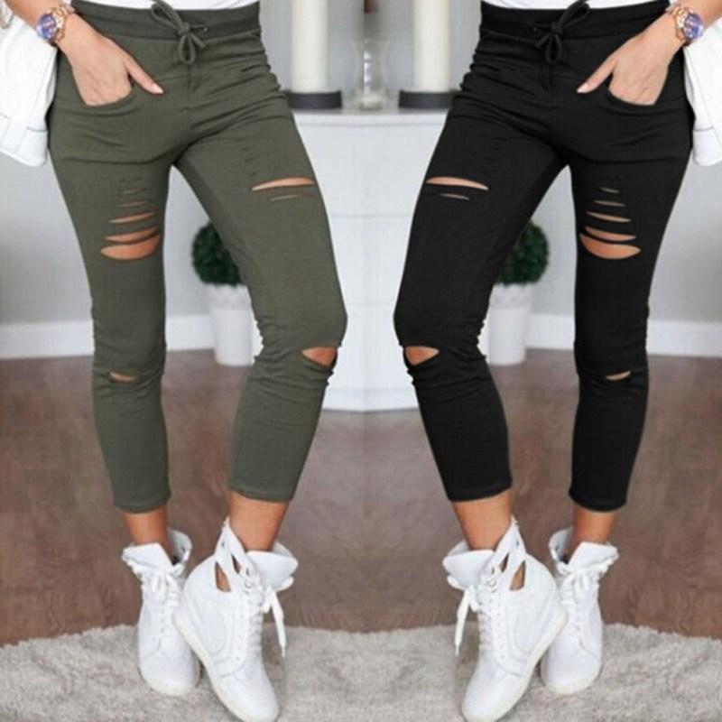 

Female Pants Women Hole Leggings Ripped Joggers Slim Stretch Drawstring Trousers Army Green Bottom, White