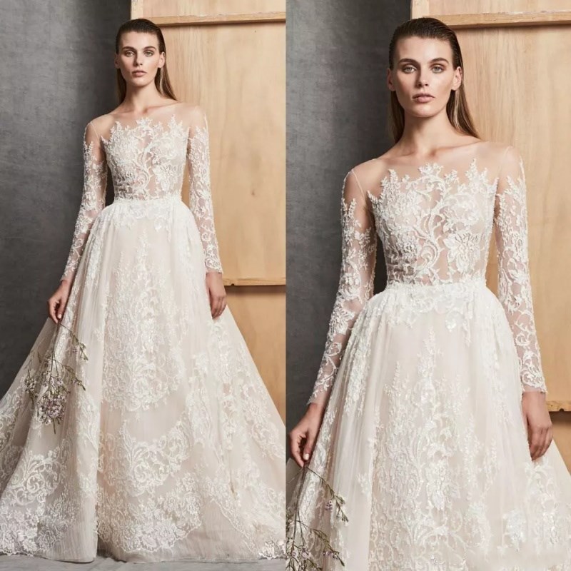 

Newest Zuhair Murad Fashion Wedding Dresses With Long Sleeves Sheer Neck A Line Plus Size Lace Appliqued Bridal Gowns Vestido De Novia, Champagne