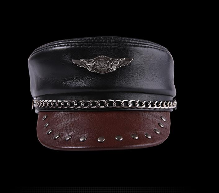 

Handmade Genuine Leather Military Hats Men And Women Cowhide Flat Cap Motorcycle Cap Chain Badge Black Germany Military Caps