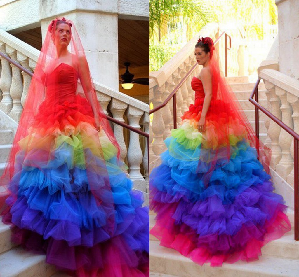

2022 Exotic Sweetheart Ball Gowns Colorful Tulle Rainbow Gothic Wedding Dresses Custom Made Cascading Ruffles Plus Size Bridal Gown Vestido De Noiva, Same as image