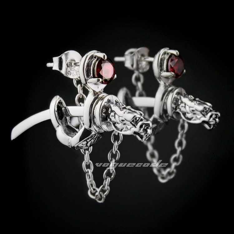 

925 Sterling Silver Dragon Japanese katana Mens Biker Rocker Stud Earring 8M009